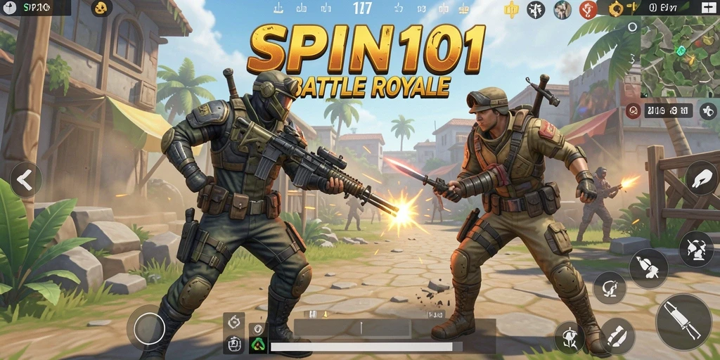 Screenshot gameplay SPIN101 menampilkan aksi pertempuran yang intens.